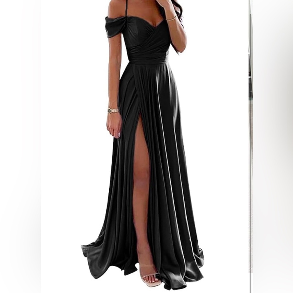 Off the shoulder spaghetti strap black dress bridesmaid dress